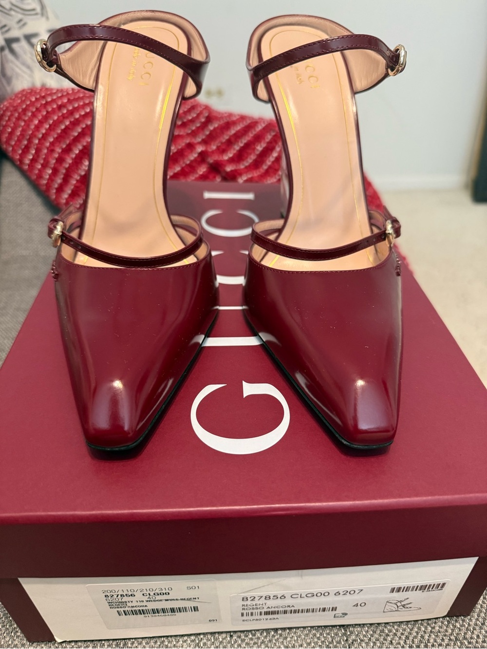 Gucci Burgundy Patent Leather Pointed Mary Jane Mules